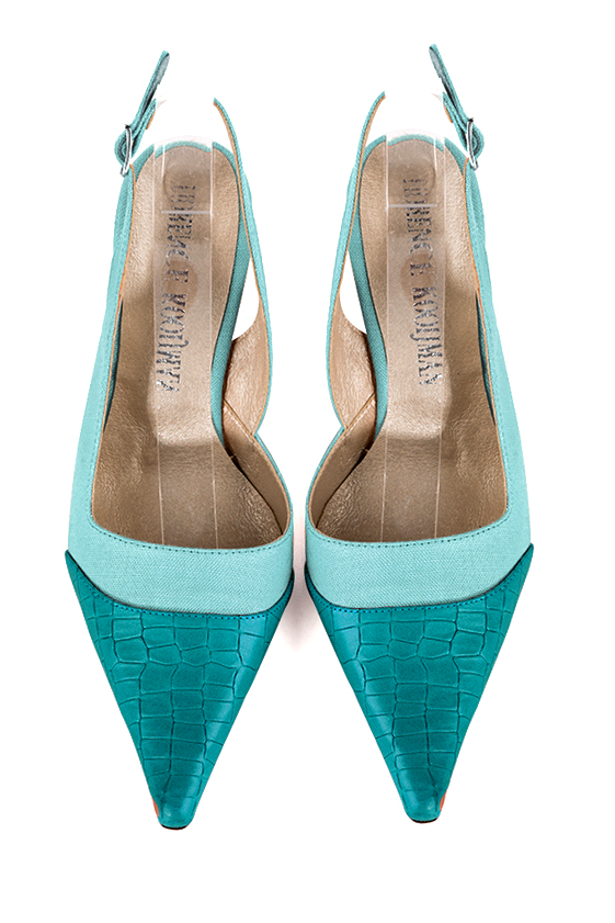 Turquoise blue women's slingback shoes. Pointed toe. High spool heels. Top view - Florence KOOIJMAN